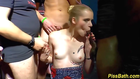 Big cocks gangbang video with two blondes giving pissing fun