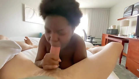 Ebony beauty gives hotel head and gets creampie in mouth