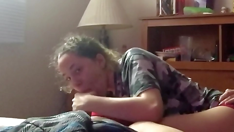 Blonde stepdaughter helps step daddy with his morning wood