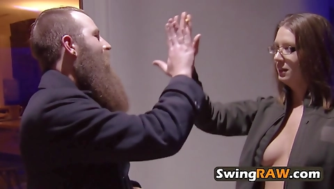 Ebony teen gives a blow job and a blowjob to a group sex