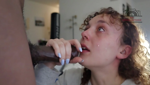 My amateur brunette is having a deepthroated blowjob