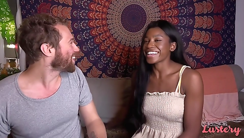 Black cock getting into a ebony brunette's hairy cunny