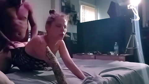 Brunette in red dress getting fucked in front of the camera