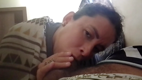 Gorgeous ebony and hairy babe deep throats a nice piece of dick