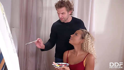 Beautiful ebony blonde girl with a deep throat and tattoo