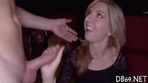 Busty ebony MILF is licking her pussy in group sex